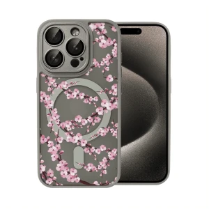 Etui do iPhone 15 Pro Max, Color Flush z Magsafe, z osłoną aparatu, z nadrukiem sakura, kwiat wiśni, tytanowe