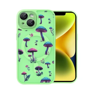 Etui do iPhone 14 Color Flush z Magsafe, z osłoną aparatu, z nadrukiem magiczne grzybki, jasno zielone