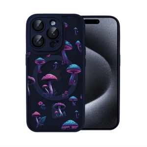 Etui do iPhone 15 Pro Max Color Flush z Magsafe, z osłoną aparatu, z nadrukiem magiczne grzybki, granatowe