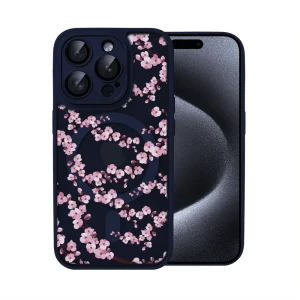 Etui do iPhone 15 Pro Max, Color Flush z Magsafe, z osłoną aparatu, z nadrukiem sakura, kwiat wiśni, granatowe