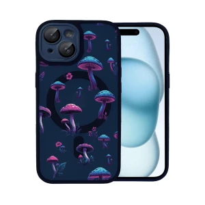 Etui do iPhone 15 Color Flush z Magsafe, z osłoną aparatu, z nadrukiem magiczne grzybki, granatowe