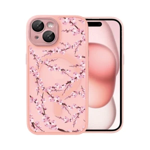 Etui do iPhone 15 Plus, Color Flush z Magsafe, z osłoną aparatu, z nadrukiem sakura, kwiat wiśni, różowe