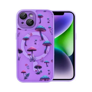 Etui do iPhone 14 Color Flush z Magsafe, z osłoną aparatu, z nadrukiem magiczne grzybki, fioletowe