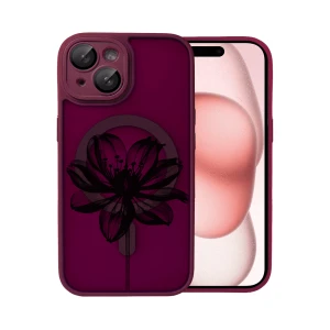 Etui do iPhone 15 Color Flush z Magsafe, z osłoną aparatu, z nadrukiem czarny kwiat, wiśniowe
