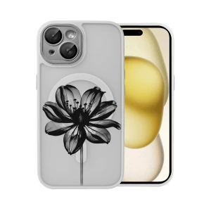 Etui do iPhone 15 Plus Color Flush z Magsafe, z osłoną aparatu, z nadrukiem czarny kwiat, popielate