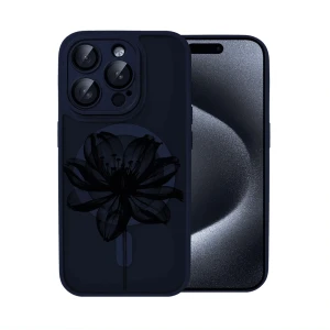 Etui do iPhone 15 Pro Max Color Flush z Magsafe, z osłoną aparatu, z nadrukiem czarny kwiat, granatowe