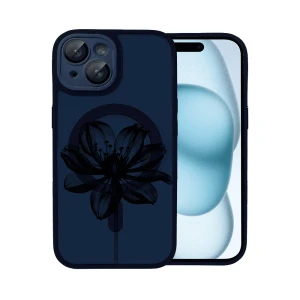 Etui do iPhone 15 Color Flush z Magsafe, z osłoną aparatu, z nadrukiem czarny kwiat, granatowe