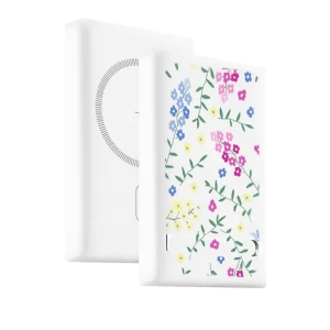 Power bank akumulator Magsafe do iPhone 10000 mAh z podstawką, 20W, kwiatki polne, biały