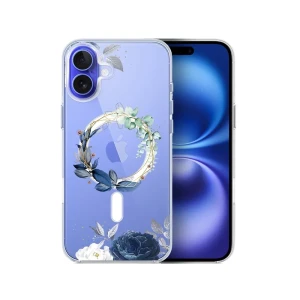 Etui do iPhone 16 Plus, Flower MagSafe, niebieskie kwiaty, przeźroczyste