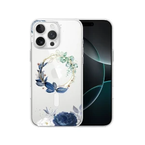 Etui do iPhone 16 Pro, Flower MagSafe, niebieskie kwiaty, przeźroczyste