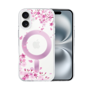 Etui do iPhone 16 Flower MagSafe z nadrukiem kwiat wiśni, przeźroczyste