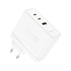 Ładowarka sieciowa 3w1, PD 100W, 2x USB typ C + USB, biała