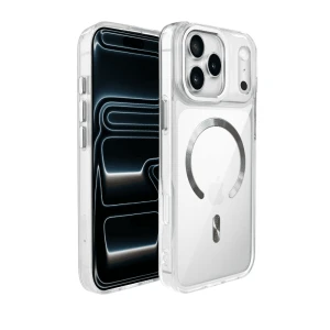 Etui do iPhone 17 Pro Max Super Hybrid z MagSafe, twardy tył, metalowe ozdoby, srebrne