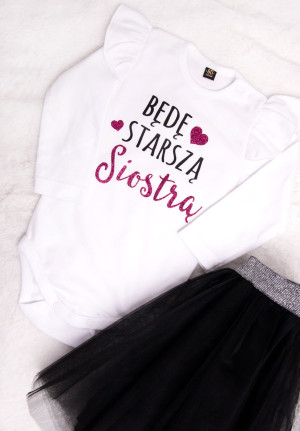Będę starszą siostrą body z falbankami przy rękawkach