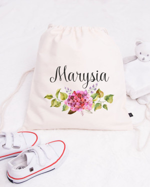 Worek na buty z nadrukiem kwiatów bzu + imię