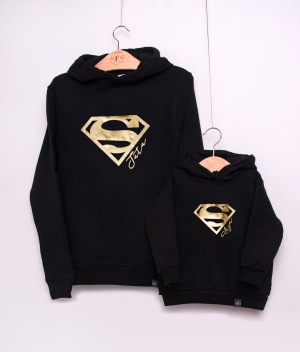 Czarne bluzy dla taty i dziecka z nadrukiem logo superman'a