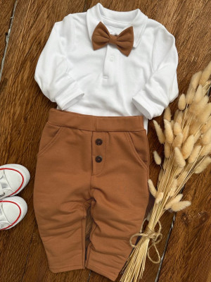 Elegancki komplet dla chłopca body polo + mucha + spodnie