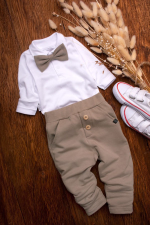 Elegancki komplet dla chłopca body polo + mucha + spodnie