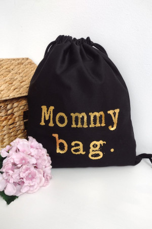Czarny worek z nadrukiem mommy bag