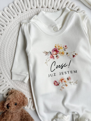 Śpiochy niemowlęce piwonie cześć już jestem + kaftanik
