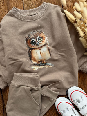 Kawowy komplet dresowy z sówką bluza + spodnie