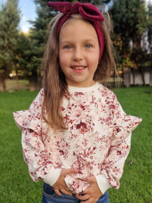 Bluza z falbankami przy rękawach bordowe kwiaty