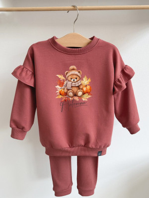 Ceglany komplet miś w jesiennych liściach bluza + getry prążek