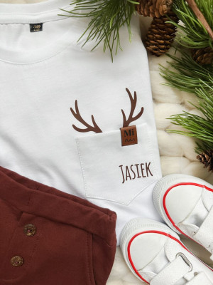 Koszulka dla dziecka rogi renifera w kieszonce z imieniem