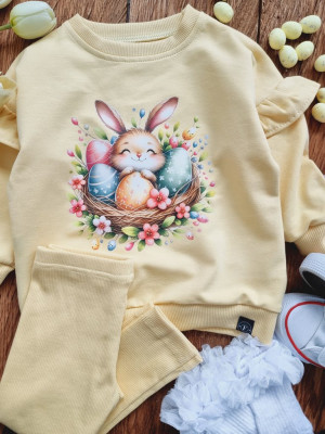Żółty komplet króliczek wśród pisanek bluza + getry prążek