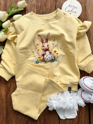 Żółty komplet króliczek z pisanką bluza + getry prążek
