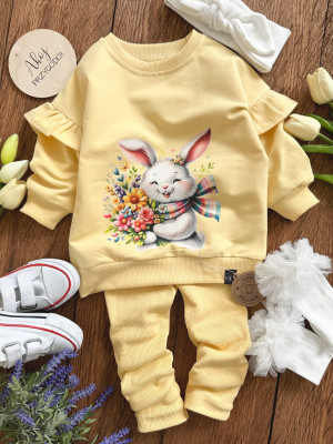 Żółty komplet króliczek z bukietem kwiatów bluza + getry prążek