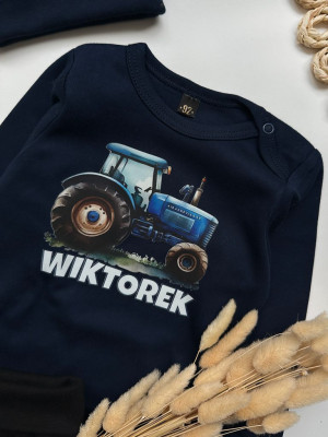 Body niemowlęce niebieski traktor z imieniem