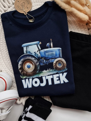 Koszulka dziecięca niebieski traktor z imieniem