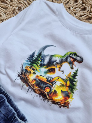 Koszulka dla dziecka z nadrukiem dinozaura i koparki