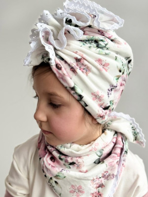 Komplet welurowy w kwiaty turban + chusta