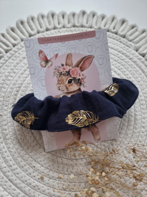 Gumka scrunchie do włosów granatowa złote listki