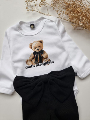 Komplet białe body z nadrukiem misia i czarne getry z kokardą