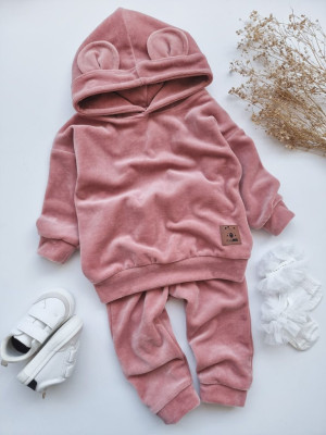 Dres welurowy dziecięcy brzoskwiniowy róż bluza + spodnie