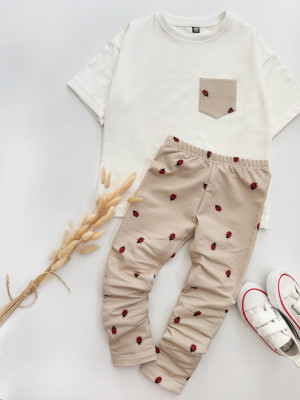 Komplet dla dziecka koszulka z kieszonką + legginsy biedronki na beżu