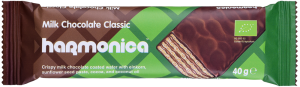 WAFELEK Z KREMEM MLECZNO - KAKAOWYM W POLEWIE Z MLECZNEJ CZEKOLADY BIO 40 g - HARMONICA