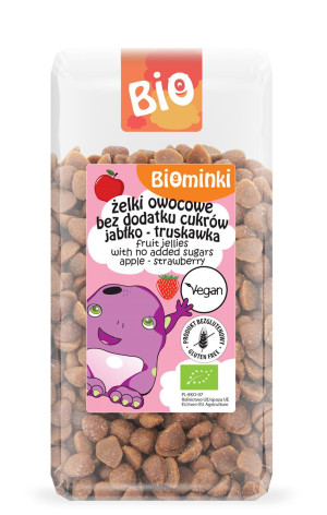 ŻELKI OWOCOWE BEZ DODATKU CUKRÓW JABŁKO - TRUSKAWKA BEZGLUTENOWE BIO 400 g - BIOMINKI