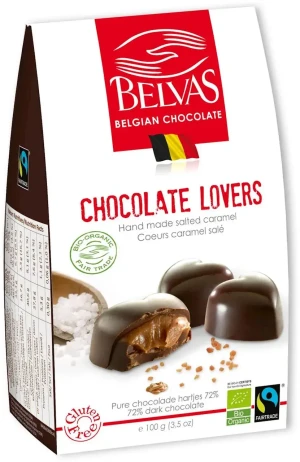 BELGIJSKIE CZEKOLADKI SERCA Z KARMELEM I SOLĄ MORSKĄ FAIR TRADE BEZGLUTENOWE BIO 100 g