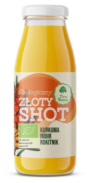 SHOT ZŁOTY NA ODPORNOŚĆ KURKUMA - IMBIR - ROKITNIK BIO 250 ml