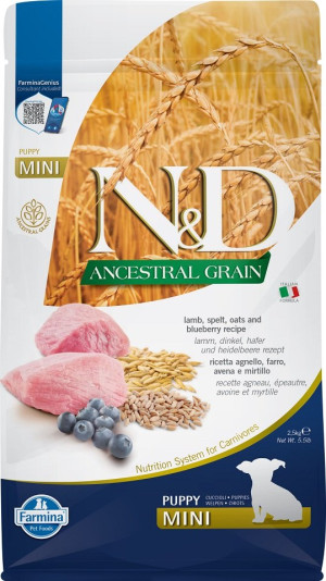 FARMINA N&D Ancestral Grain Dog Lamb & Blueberry Puppy Mini 2,5 kg für Welpen kleiner Rassen