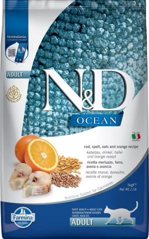 FARMINA N&D Ocean cat adult Kabeljau, Dinkel, Hafer und Orange 5 kg