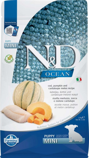 FARMINA N&D Ocean Dog Puppy Mini Kabeljau, Kürbis & Cantaloupe Melone für Welpen und trächtige Hündinnen 2,5 kg
