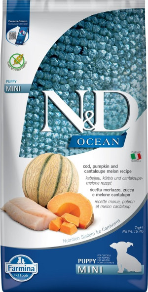 FARMINA N&D Ocean Dog Puppy Mini Kabeljau, Kürbis & Cantaloupe Melone für Welpen und trächtige Hündinnen 7 kg