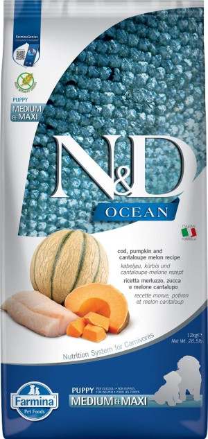 FARMINA N&D Ocean Dog Puppy Medium & Maxi Kabeljau, Kürbis & Cantaloupe Melone für Welpen und trächtige Hündinnen 12 kg