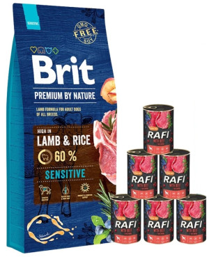 BRIT Premium By Nature Sensitive Lamb 15 kg + Nassfutter mit Rind 6x400 g