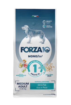 FORZA10 Medium Diet mit Fisch hypoallergenes Trockenfutter für ausgewachsene mittelgroße Hunde 12 kg